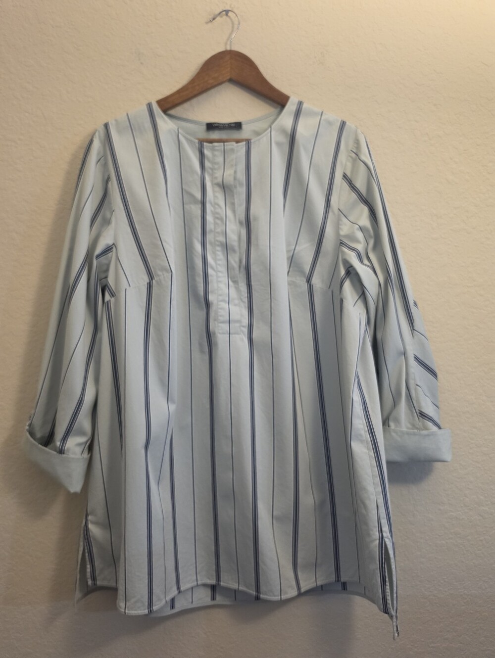 Lafayette 148 Tunic Teal Green Stripe Roll Tab Sleeve Preppy Coastal Minimalist